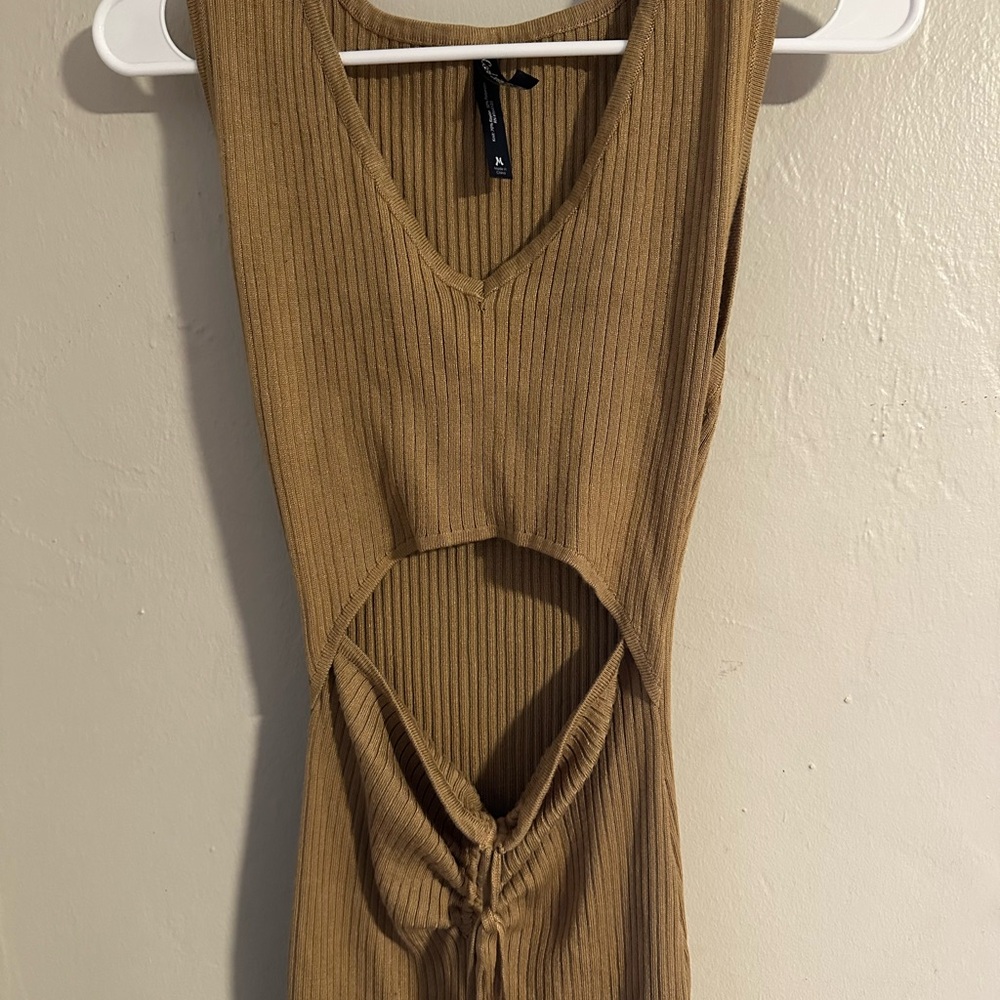 Brown Ribbed Cutout Dress